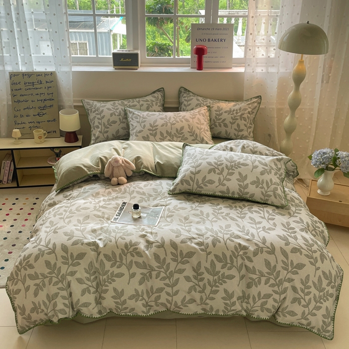 91家纺网 家纺一手货源 找家纺 如一 2025新款加厚全棉磨毛三角针四件套 叶语-绿