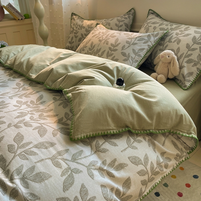 91家纺网 家纺一手货源 找家纺 如一 2025新款加厚全棉磨毛三角针四件套 叶语-绿