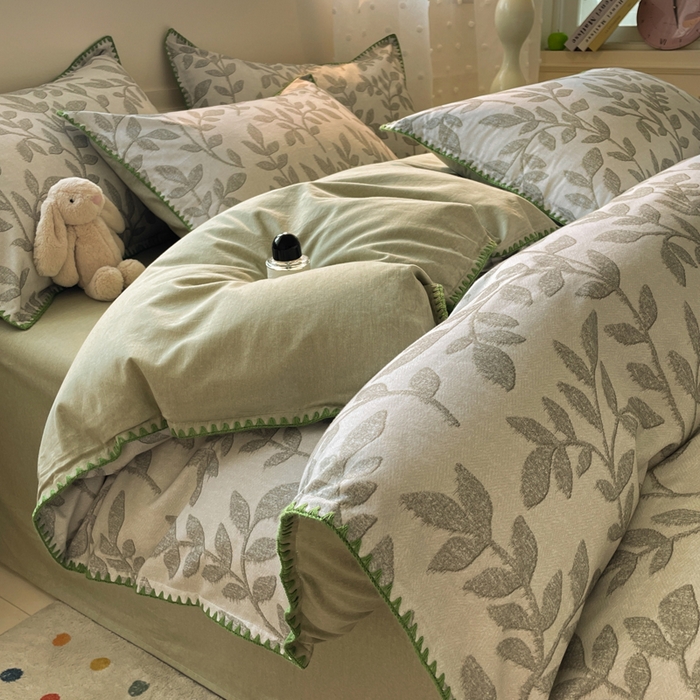 91家纺网 家纺一手货源 找家纺 如一 2025新款加厚全棉磨毛三角针四件套 叶语-绿