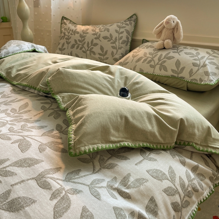 91家纺网 家纺一手货源 找家纺 如一 2025新款加厚全棉磨毛三角针四件套 叶语-绿