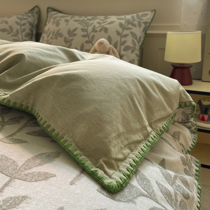 91家纺网 家纺一手货源 找家纺 如一 2025新款加厚全棉磨毛三角针四件套 叶语-绿