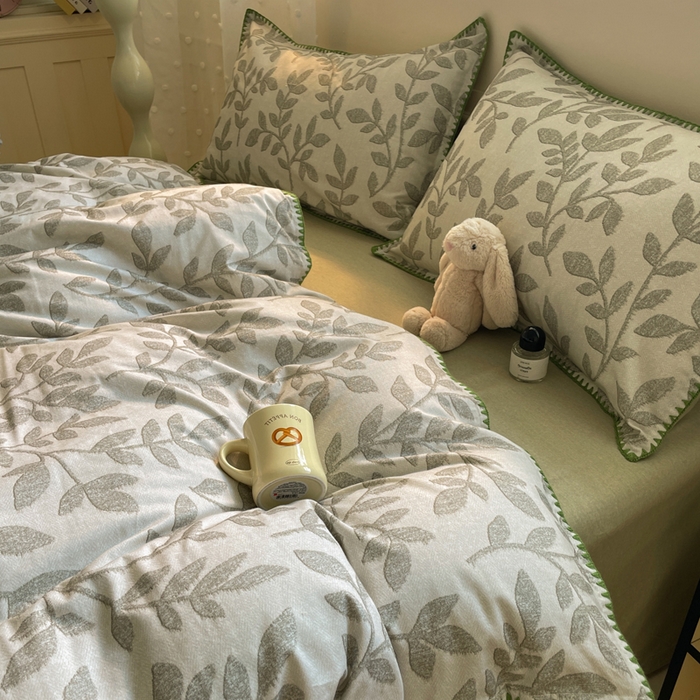 91家纺网 家纺一手货源 找家纺 如一 2025新款加厚全棉磨毛三角针四件套 叶语-绿