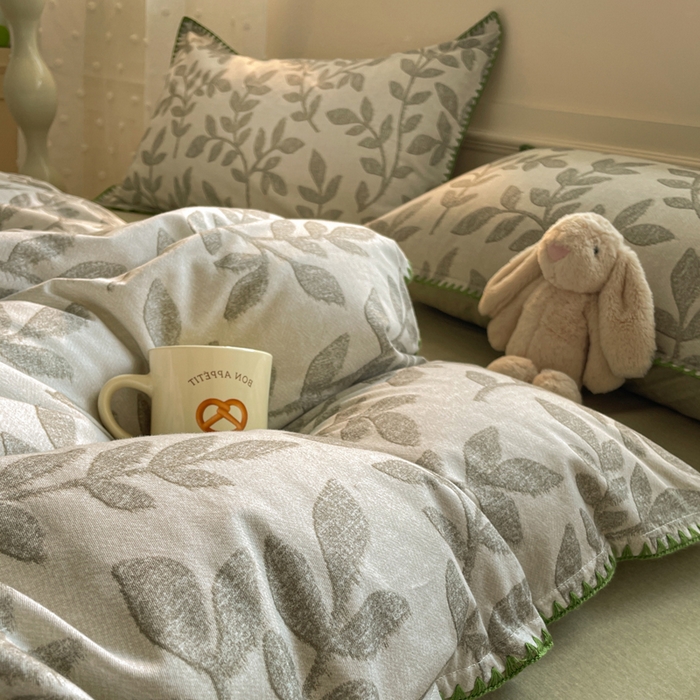 91家纺网 家纺一手货源 找家纺 如一 2025新款加厚全棉磨毛三角针四件套 叶语-绿