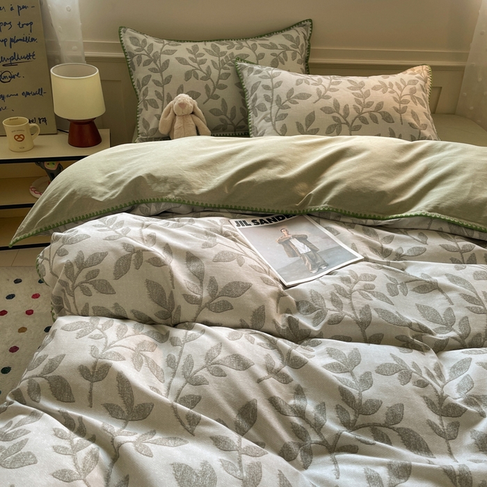 91家纺网 家纺一手货源 找家纺 如一 2025新款加厚全棉磨毛三角针四件套 叶语-绿