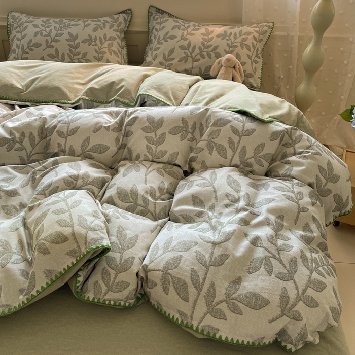 91家纺网 家纺一手货源 找家纺 如一 2025新款加厚全棉磨毛三角针四件套 叶语-绿