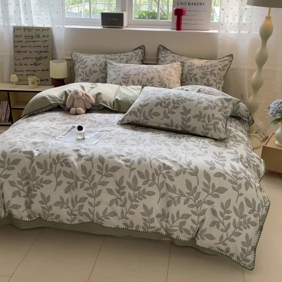 91家纺网 家纺一手货源 找家纺 如一 2025新款加厚全棉磨毛三角针四件套 叶语-绿