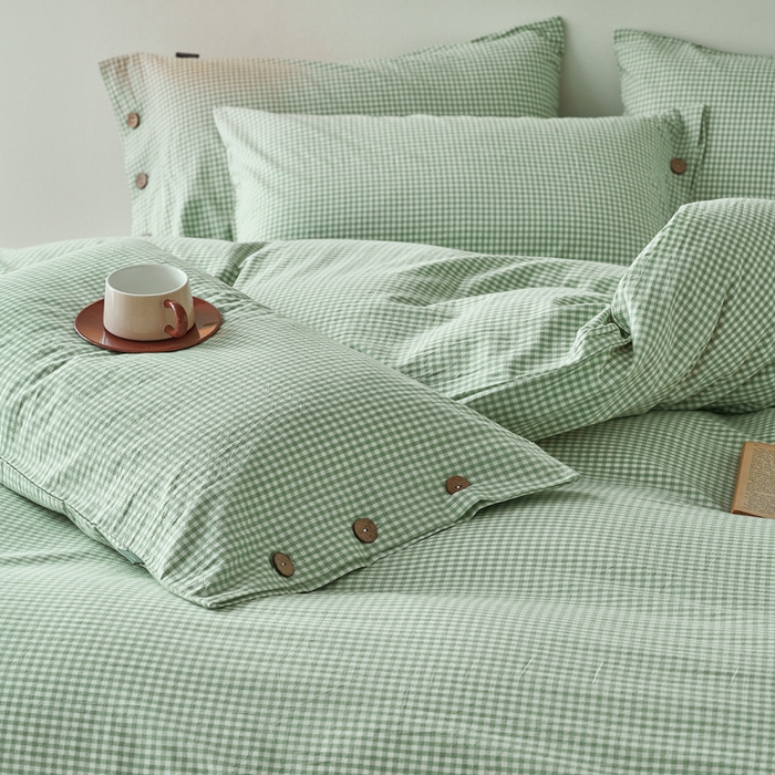 91家纺网 家纺一手货源 找家纺 贝尔 PELLHOME 全棉纽扣色织水洗棉格子四件套（可抖音代发） 细绿-格