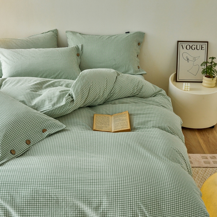 91家纺网 家纺一手货源 找家纺 贝尔 PELLHOME 全棉纽扣色织水洗棉格子四件套（可抖音代发） 细绿-格