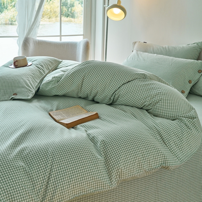 91家纺网 家纺一手货源 找家纺 贝尔 PELLHOME 全棉纽扣色织水洗棉格子四件套（可抖音代发） 细绿-格