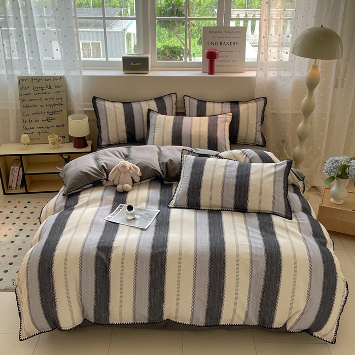 91家纺网 家纺一手货源 找家纺 如一 2025新款加厚全棉磨毛三角针四件套 韵律-灰