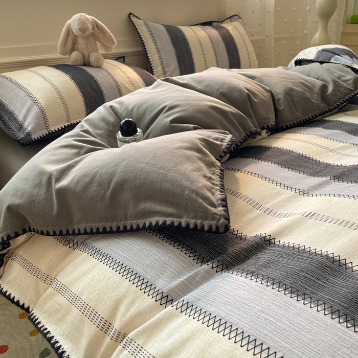 91家纺网 家纺一手货源 找家纺 如一 2025新款加厚全棉磨毛三角针四件套 韵律-灰