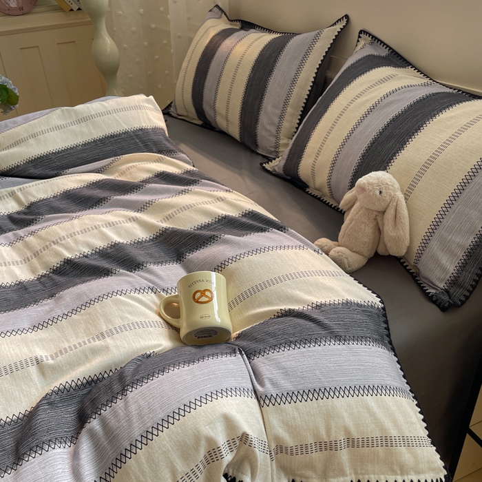 91家纺网 家纺一手货源 找家纺 如一 2025新款加厚全棉磨毛三角针四件套 韵律-灰