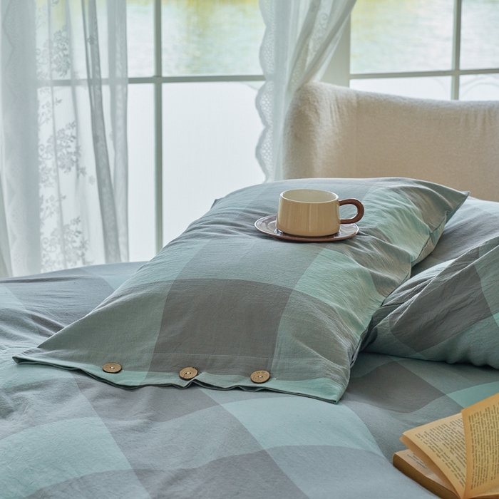 91家纺网 家纺一手货源 找家纺 贝尔 PELLHOME 全棉纽扣色织水洗棉格子四件套（可抖音代发） 灰绿大格