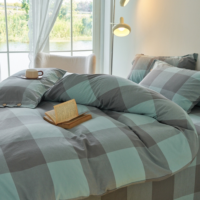 91家纺网 家纺一手货源 找家纺 贝尔 PELLHOME 全棉纽扣色织水洗棉格子四件套（可抖音代发） 灰绿大格