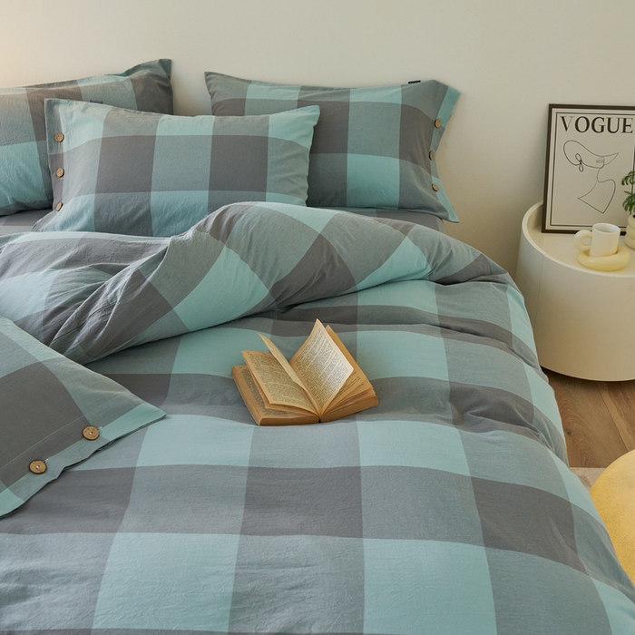 91家纺网 家纺一手货源 找家纺 贝尔 PELLHOME 全棉纽扣色织水洗棉格子四件套（可抖音代发） 灰绿大格