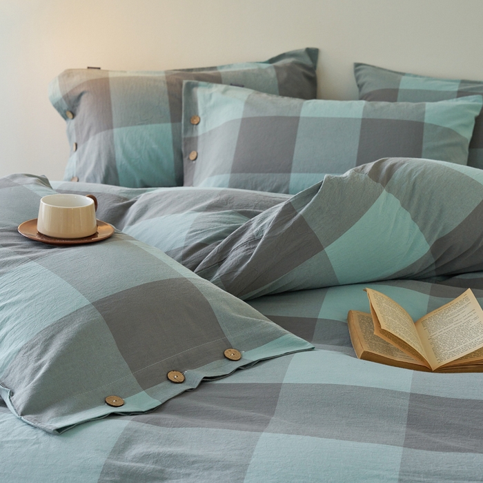 91家纺网 家纺一手货源 找家纺 贝尔 PELLHOME 全棉纽扣色织水洗棉格子四件套（可抖音代发） 灰绿大格