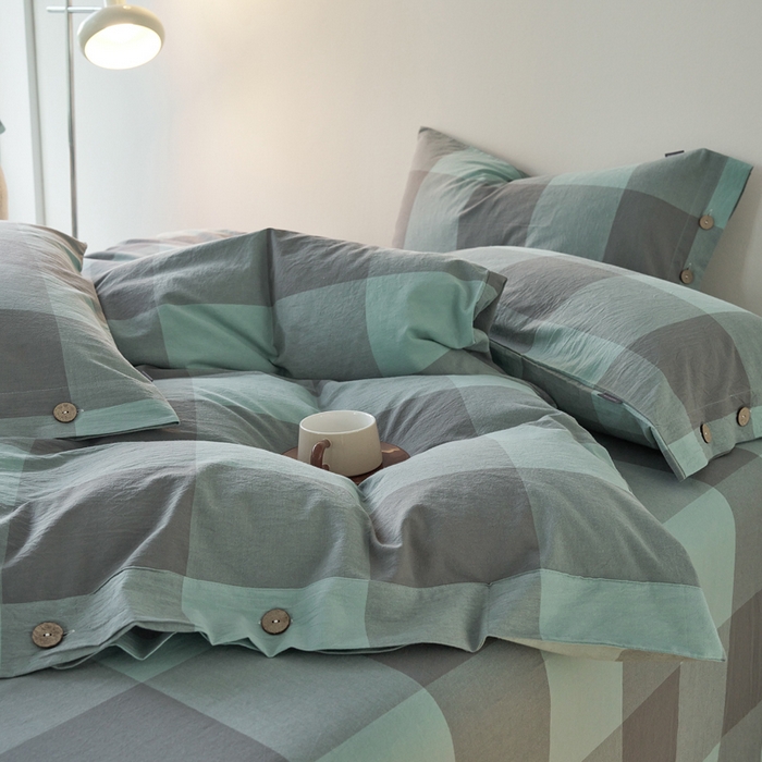 91家纺网 家纺一手货源 找家纺 贝尔 PELLHOME 全棉纽扣色织水洗棉格子四件套（可抖音代发） 灰绿大格
