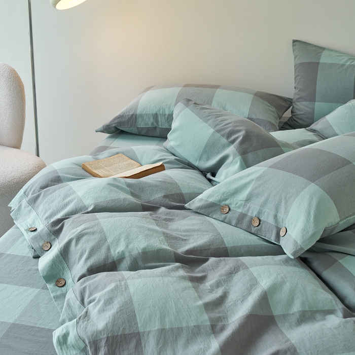 91家纺网 家纺一手货源 找家纺 贝尔 PELLHOME 全棉纽扣色织水洗棉格子四件套（可抖音代发） 灰绿大格