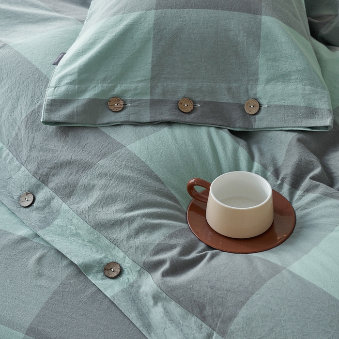 91家纺网 家纺一手货源 找家纺 贝尔 PELLHOME 全棉纽扣色织水洗棉格子四件套（可抖音代发） 灰绿大格