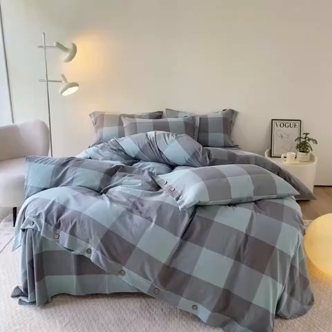 91家纺网 家纺一手货源 找家纺 贝尔 PELLHOME 全棉纽扣色织水洗棉格子四件套（可抖音代发） 灰绿大格