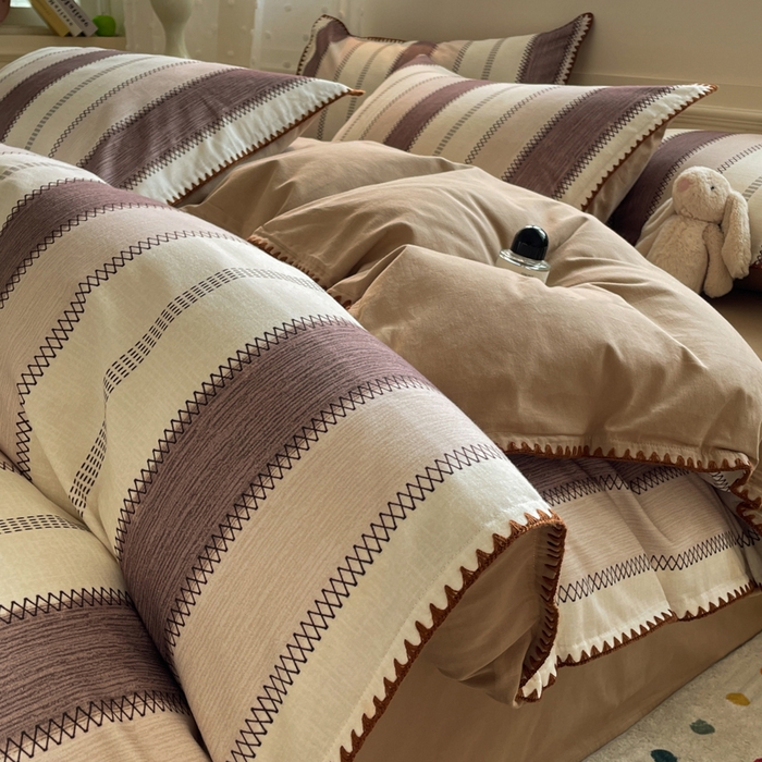 如一 2025新款加厚全棉磨毛三角针四件套 韵律-咖