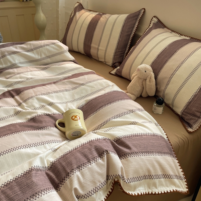 91家纺网 家纺一手货源 找家纺 如一 2025新款加厚全棉磨毛三角针四件套 韵律-咖