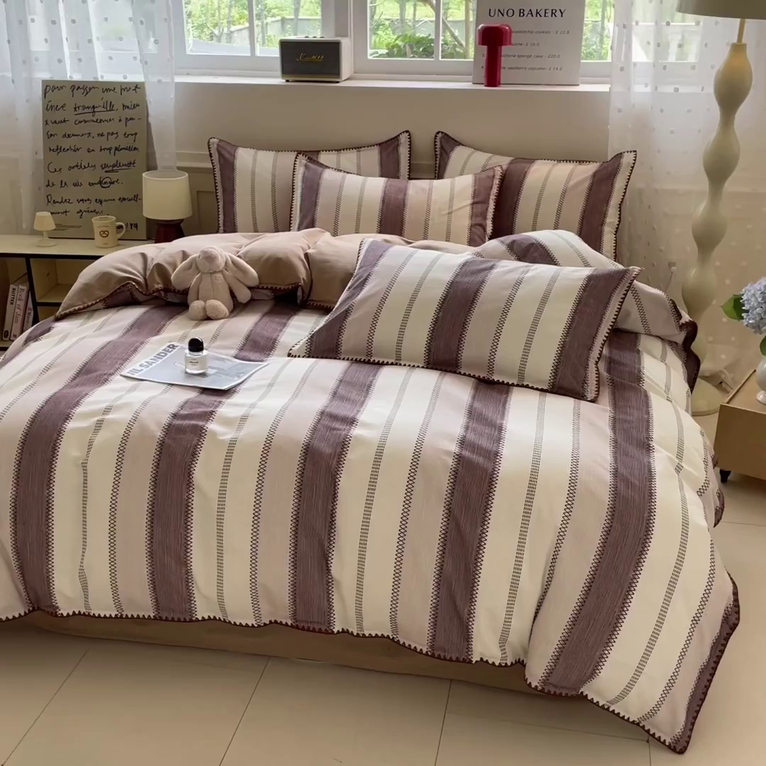 91家纺网 家纺一手货源 找家纺 如一 2025新款加厚全棉磨毛三角针四件套 韵律-咖