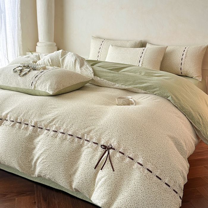 91家纺网 家纺一手货源 找家纺 遇见家居生活馆 2025新款亚麻双层纱四件套-叶知秋（小号108 标准128，加大138） 叶知秋-绿
