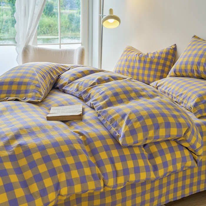 91家纺网 家纺一手货源 找家纺 贝尔 PELLHOME 全棉纽扣色织水洗棉格子四件套（可抖音代发） 梦幻-黄