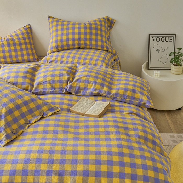 91家纺网 家纺一手货源 找家纺 贝尔 PELLHOME 全棉纽扣色织水洗棉格子四件套（可抖音代发） 梦幻-黄