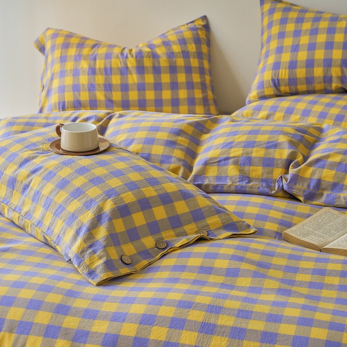 91家纺网 家纺一手货源 找家纺 贝尔 PELLHOME 全棉纽扣色织水洗棉格子四件套（可抖音代发） 梦幻-黄