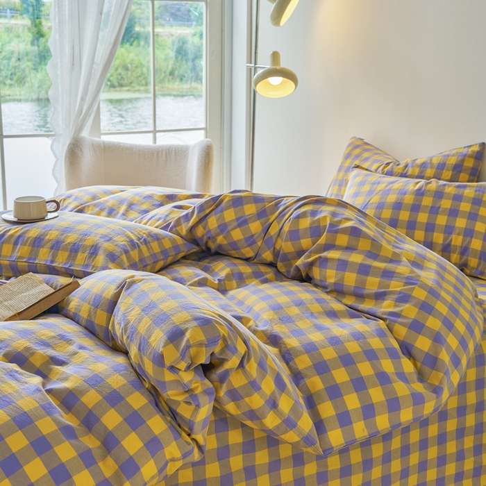 91家纺网 家纺一手货源 找家纺 贝尔 PELLHOME 全棉纽扣色织水洗棉格子四件套（可抖音代发） 梦幻-黄