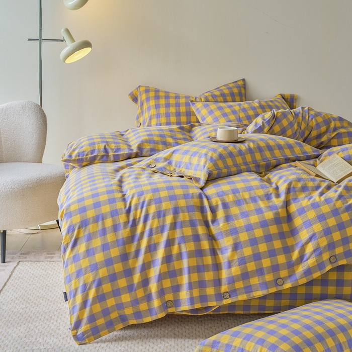 91家纺网 家纺一手货源 找家纺 贝尔 PELLHOME 全棉纽扣色织水洗棉格子四件套（可抖音代发） 梦幻-黄