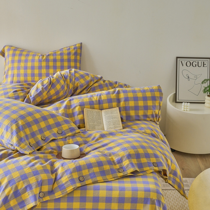 91家纺网 家纺一手货源 找家纺 贝尔 PELLHOME 全棉纽扣色织水洗棉格子四件套（可抖音代发） 梦幻-黄