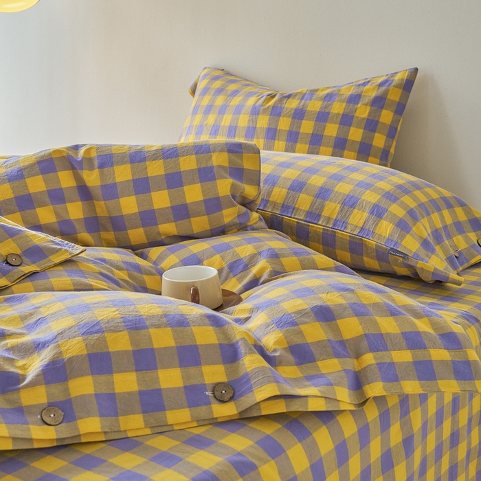 91家纺网 家纺一手货源 找家纺 贝尔 PELLHOME 全棉纽扣色织水洗棉格子四件套（可抖音代发） 梦幻-黄
