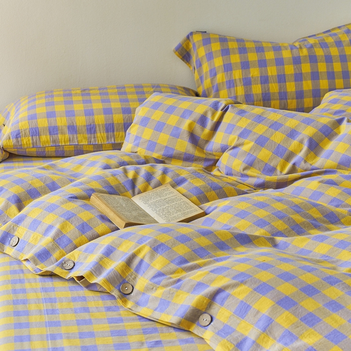 91家纺网 家纺一手货源 找家纺 贝尔 PELLHOME 全棉纽扣色织水洗棉格子四件套（可抖音代发） 梦幻-黄