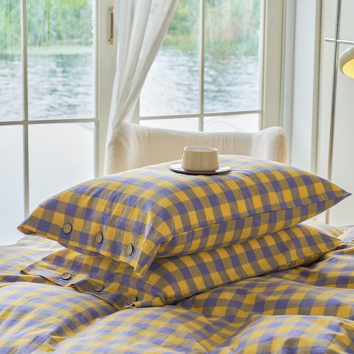 91家纺网 家纺一手货源 找家纺 贝尔 PELLHOME 全棉纽扣色织水洗棉格子四件套（可抖音代发） 梦幻-黄