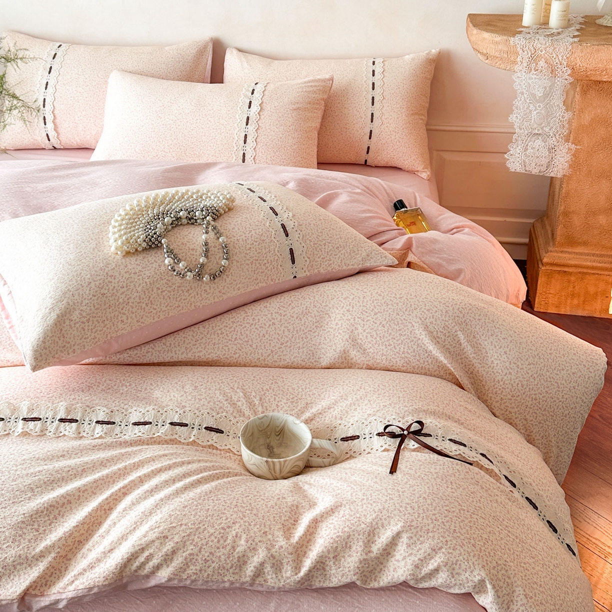 91家纺网 家纺一手货源 找家纺 遇见家居生活馆 2025新款亚麻双层纱四件套-叶知秋（小号108 标准128，加大138） 叶知秋-粉