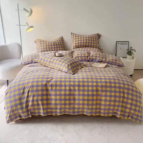 91家纺网 家纺一手货源 找家纺 贝尔 PELLHOME 全棉纽扣色织水洗棉格子四件套（可抖音代发） 梦幻-黄