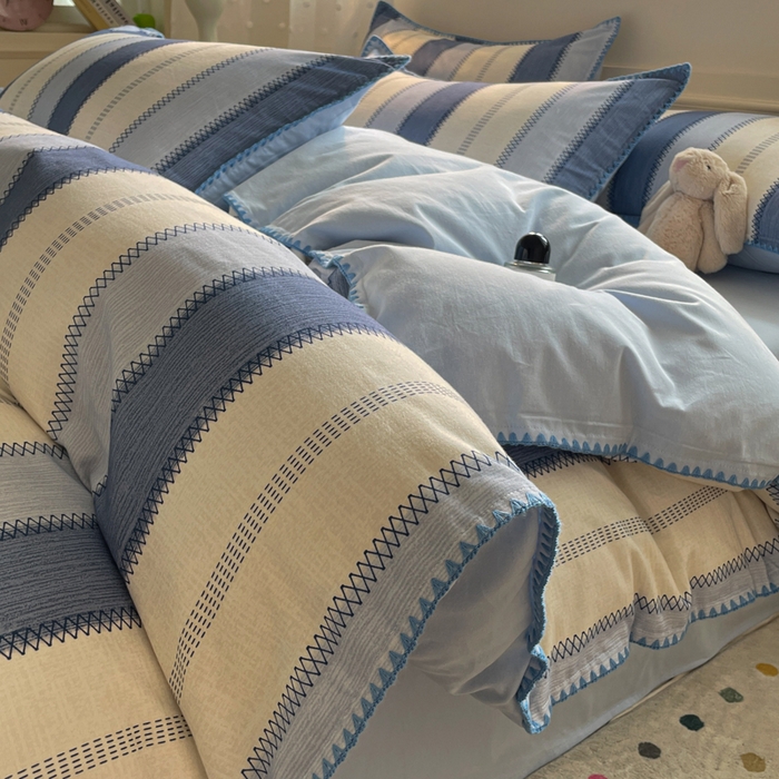 如一 2025新款加厚全棉磨毛三角针四件套 韵律-蓝