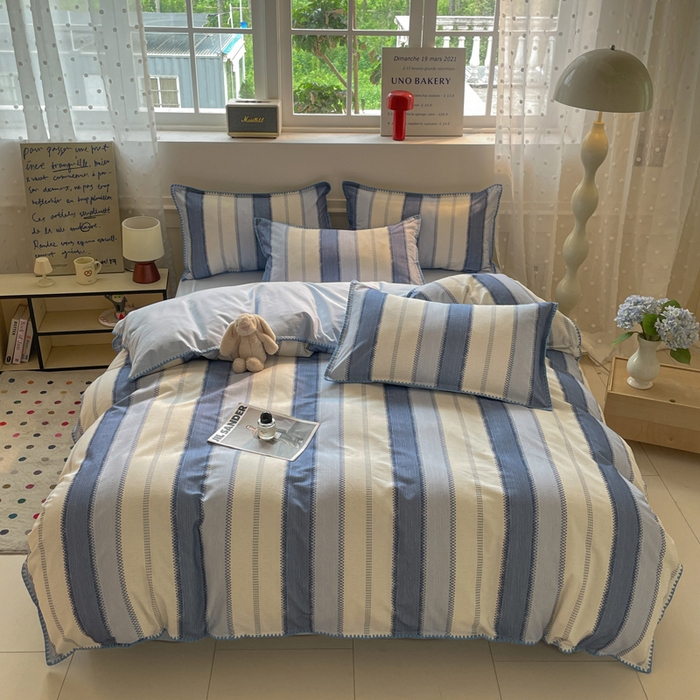 91家纺网 家纺一手货源 找家纺 如一 2025新款加厚全棉磨毛三角针四件套 韵律-蓝