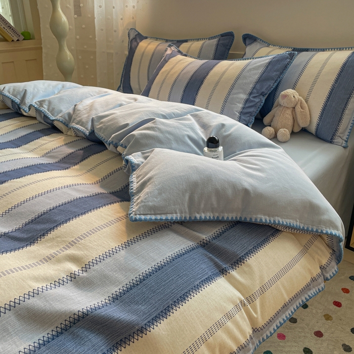 91家纺网 家纺一手货源 找家纺 如一 2025新款加厚全棉磨毛三角针四件套 韵律-蓝