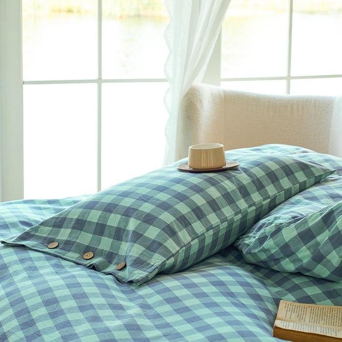 91家纺网 家纺一手货源 找家纺 贝尔 PELLHOME 全棉纽扣色织水洗棉格子四件套（可抖音代发） 梦幻-绿