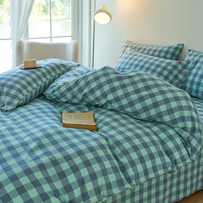 91家纺网 家纺一手货源 找家纺 贝尔 PELLHOME 全棉纽扣色织水洗棉格子四件套（可抖音代发） 梦幻-绿