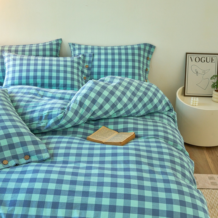 91家纺网 家纺一手货源 找家纺 贝尔 PELLHOME 全棉纽扣色织水洗棉格子四件套（可抖音代发） 梦幻-绿