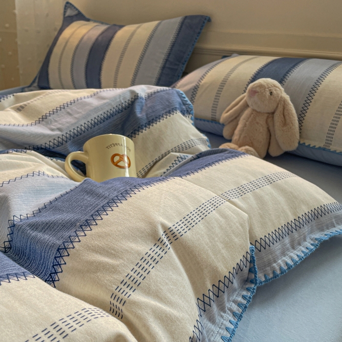 91家纺网 家纺一手货源 找家纺 如一 2025新款加厚全棉磨毛三角针四件套 韵律-蓝