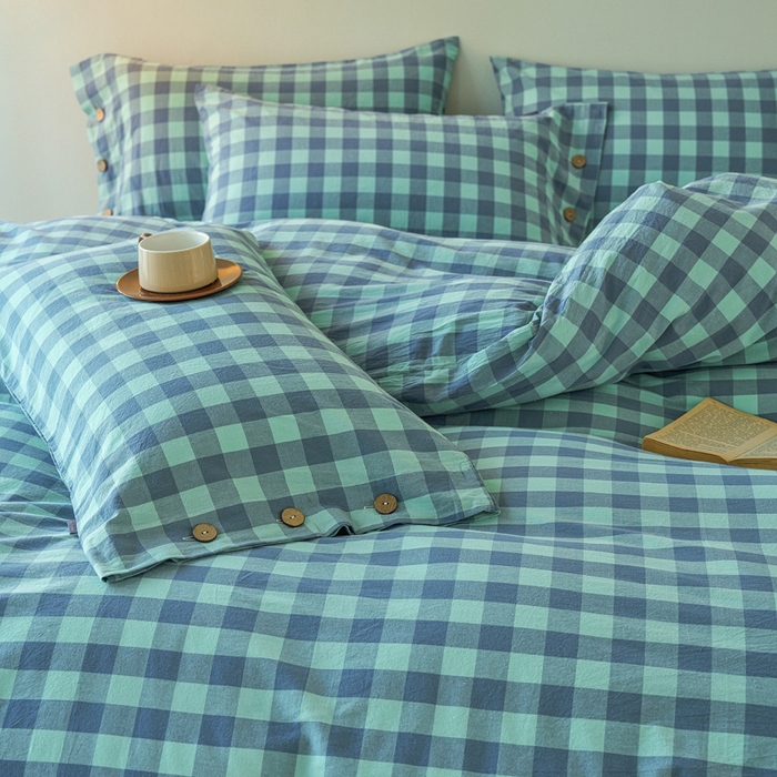 91家纺网 家纺一手货源 找家纺 贝尔 PELLHOME 全棉纽扣色织水洗棉格子四件套（可抖音代发） 梦幻-绿