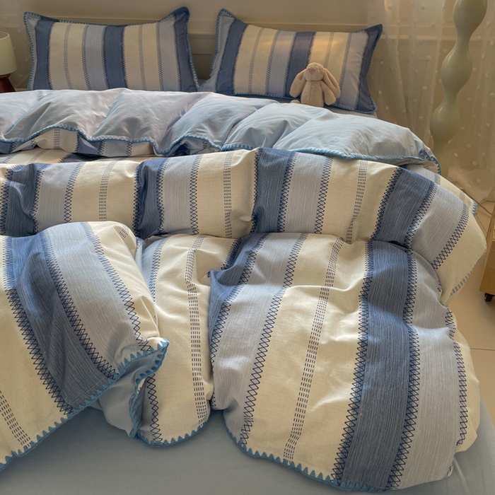 91家纺网 家纺一手货源 找家纺 如一 2025新款加厚全棉磨毛三角针四件套 韵律-蓝