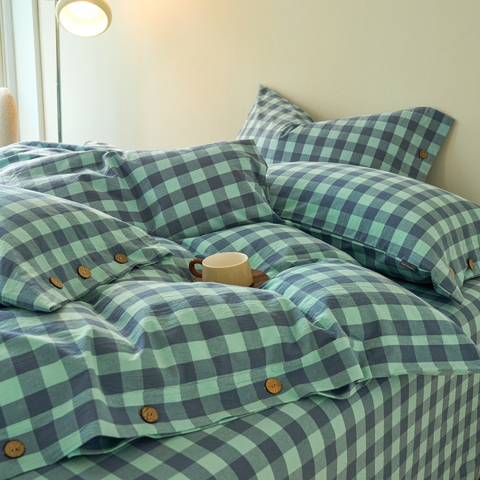 91家纺网 家纺一手货源 找家纺 贝尔 PELLHOME 全棉纽扣色织水洗棉格子四件套（可抖音代发） 梦幻-绿