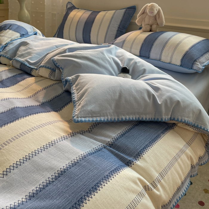 91家纺网 家纺一手货源 找家纺 如一 2025新款加厚全棉磨毛三角针四件套 韵律-蓝